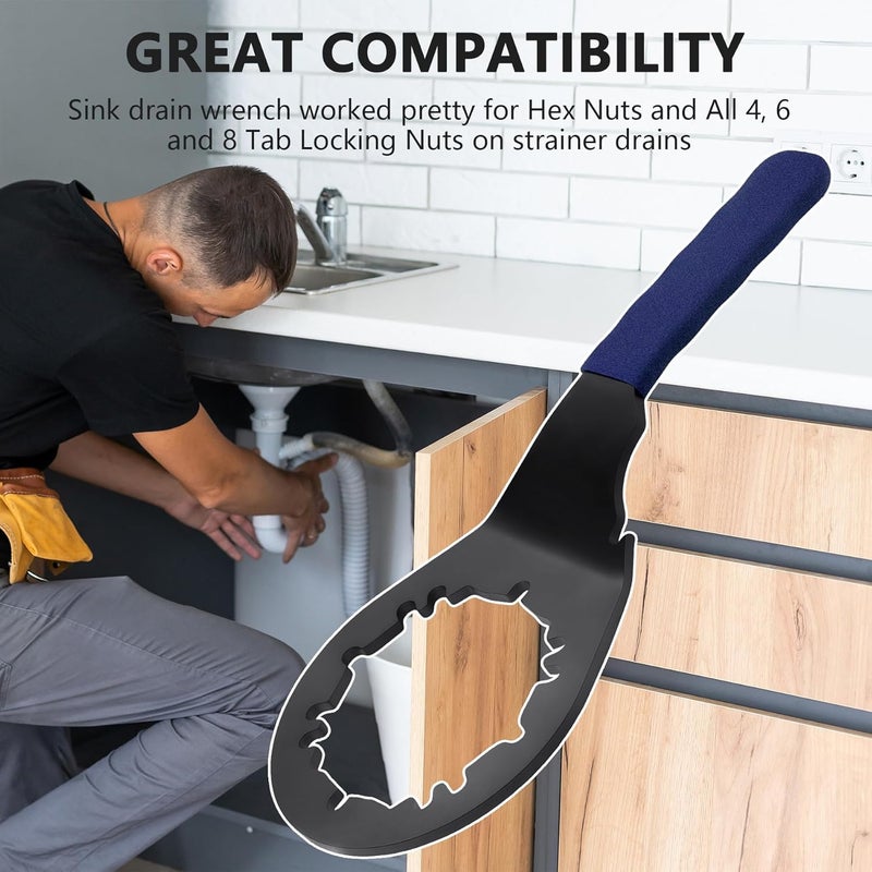 Kujunpao Sink Drain Wrench Universal Under Sink Wrench Faucet Tool Fit for Hex Nuts and All 4, 6 and 8 Tab Locking Nuts on strainer drains Loosen and Tighten the Filter Lock Nut - Image 3